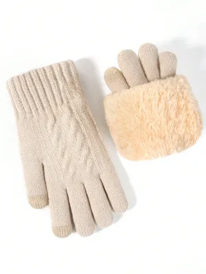 1 Pair Warm Gloves & 1 Pair Knitted Fleece Lined Gloves - Beige- FD ⚡