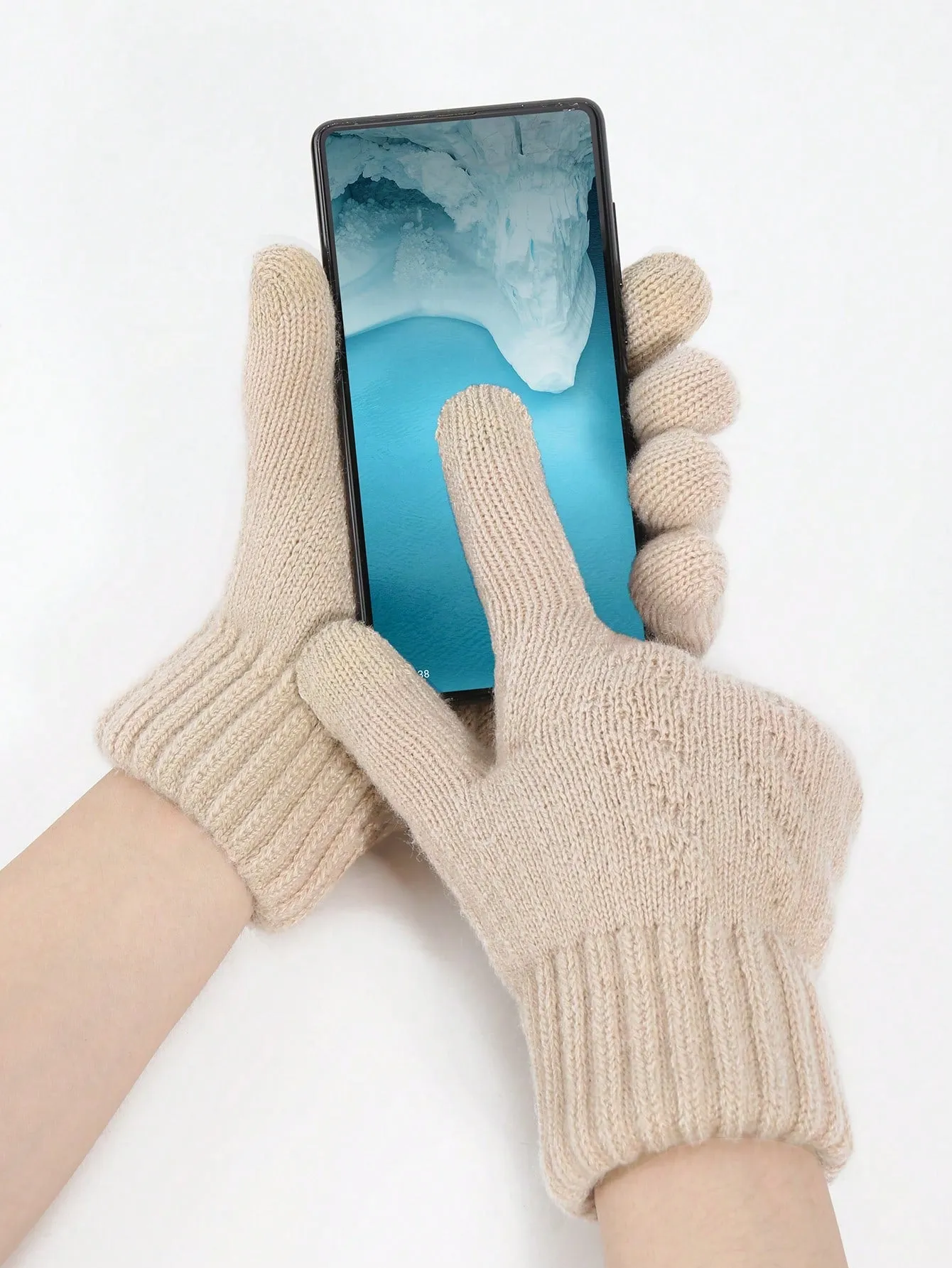 1 Pair Warm Gloves & 1 Pair Knitted Fleece Lined Gloves - Beige- FD ⚡