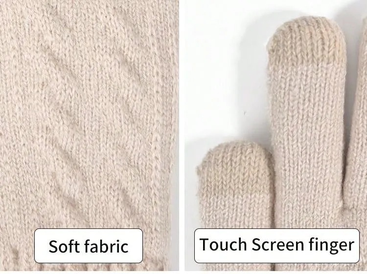 1 Pair Warm Gloves & 1 Pair Knitted Fleece Lined Gloves - Beige- FD ⚡