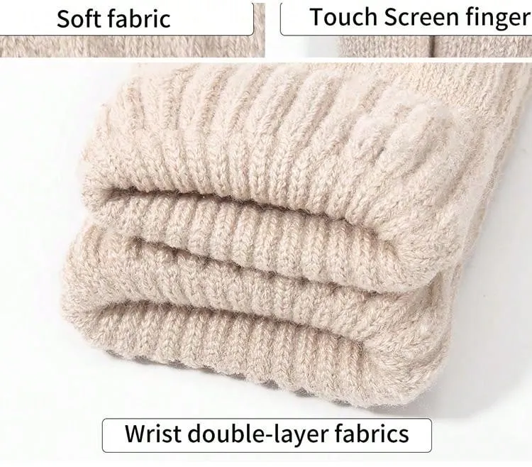 1 Pair Warm Gloves & 1 Pair Knitted Fleece Lined Gloves - Beige- FD ⚡