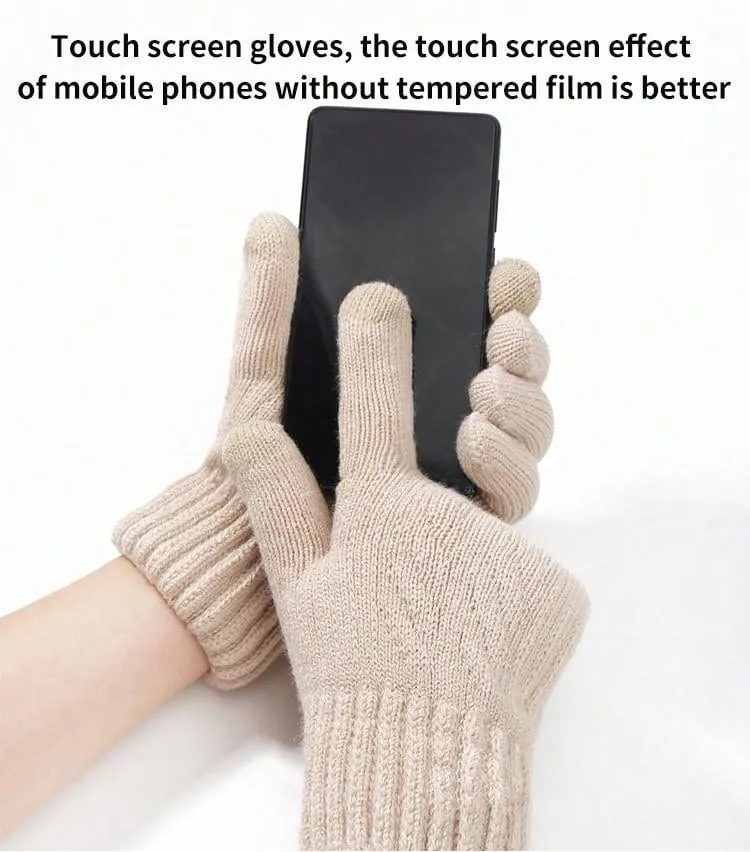1 Pair Warm Gloves & 1 Pair Knitted Fleece Lined Gloves - Beige- FD ⚡