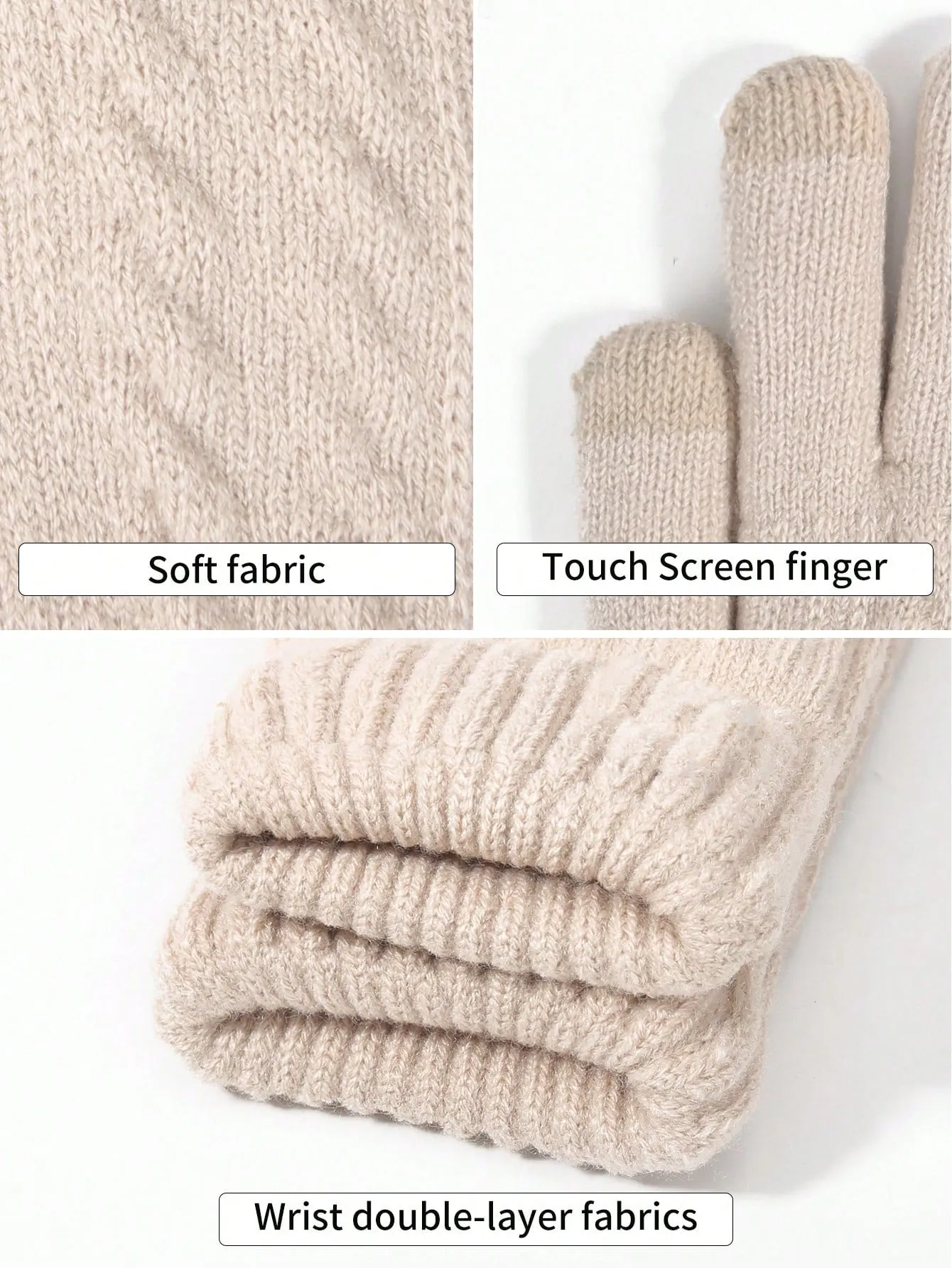 1 Pair Warm Gloves & 1 Pair Knitted Fleece Lined Gloves - Beige- FD ⚡