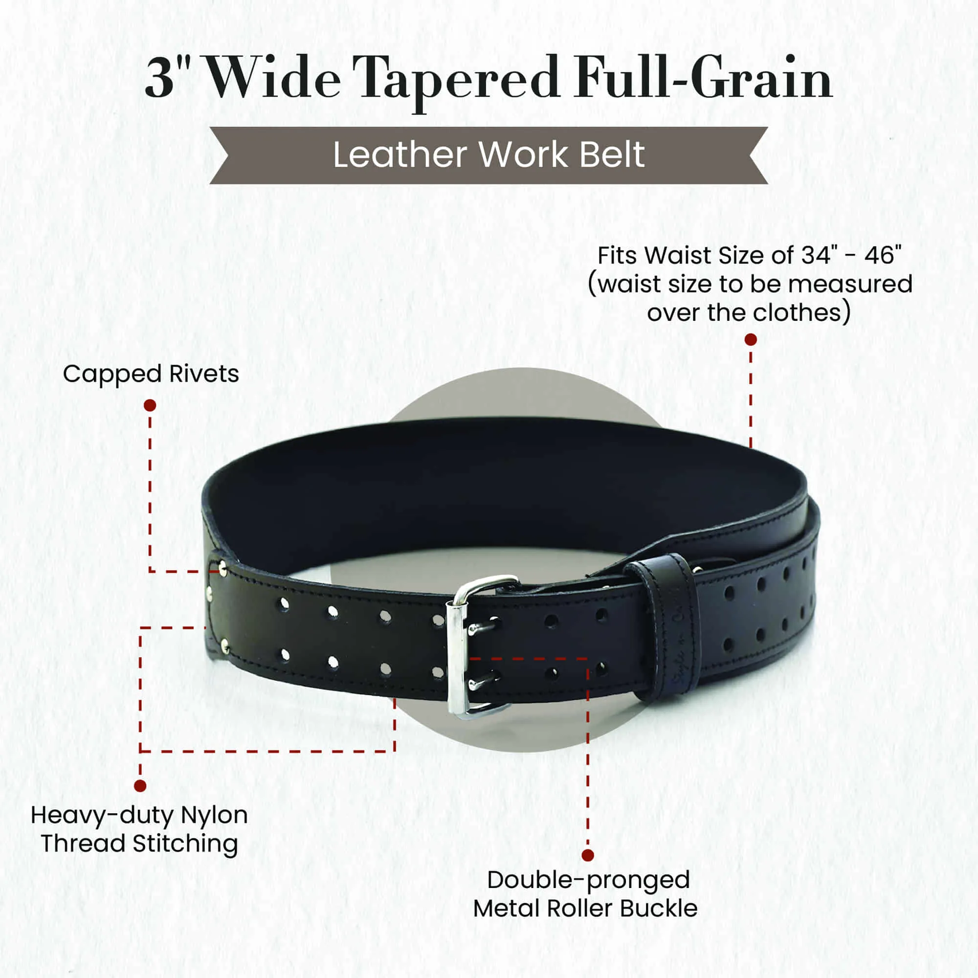 75437 - 3 Inch Wide Tapered Work Belt in Heavy Full Grain Leather in Black | Style n Craft