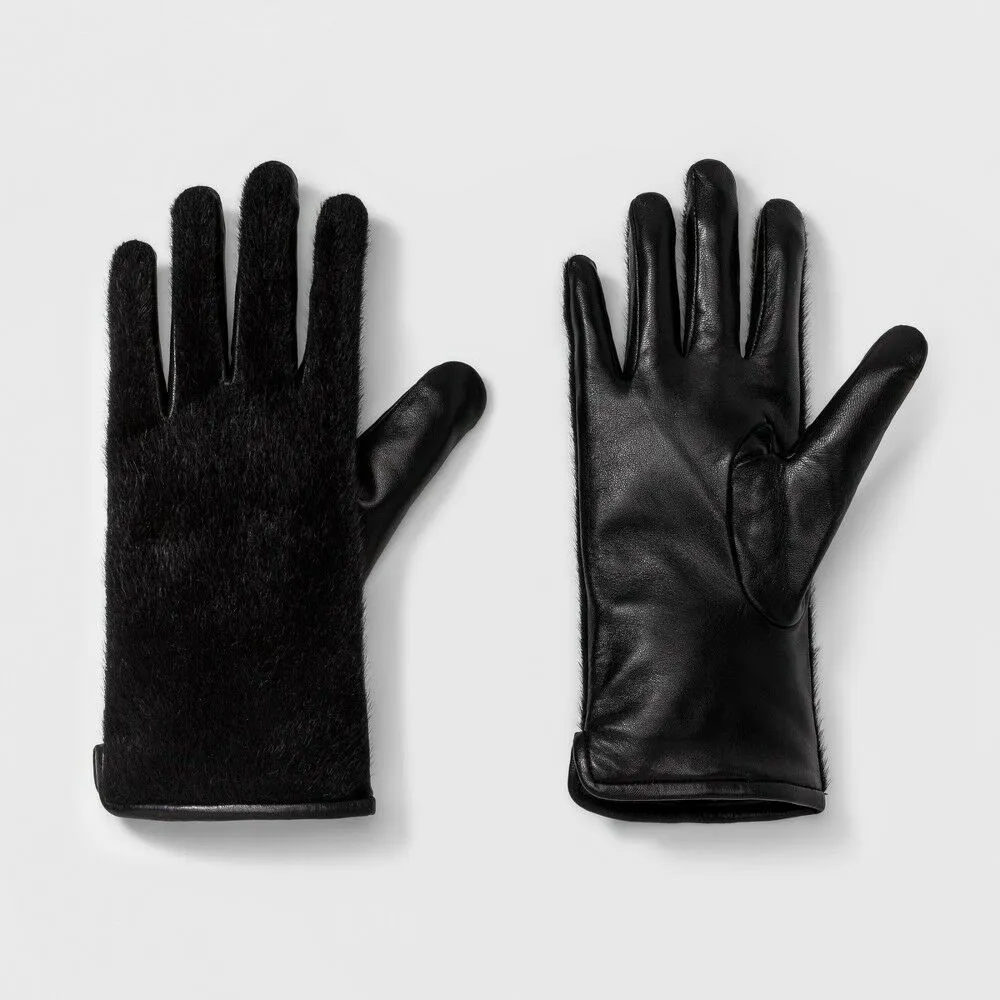 A New Day Women's Faux Calf Hair Leather Tech Touch Gloves Black XS/S
