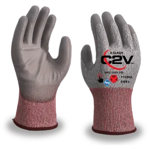 ANSI A6 X-Slash Cut Resistant Gloves, 13 Gauge HPPE/Glass/Steel Shell, Gray Polyurethane Coated Palm, Touchscreen - 1 Pair