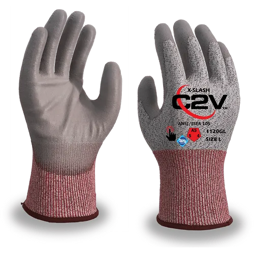 ANSI A6 X-Slash Cut Resistant Gloves, 13 Gauge HPPE/Glass/Steel Shell, Gray Polyurethane Coated Palm, Touchscreen - 1 Pair