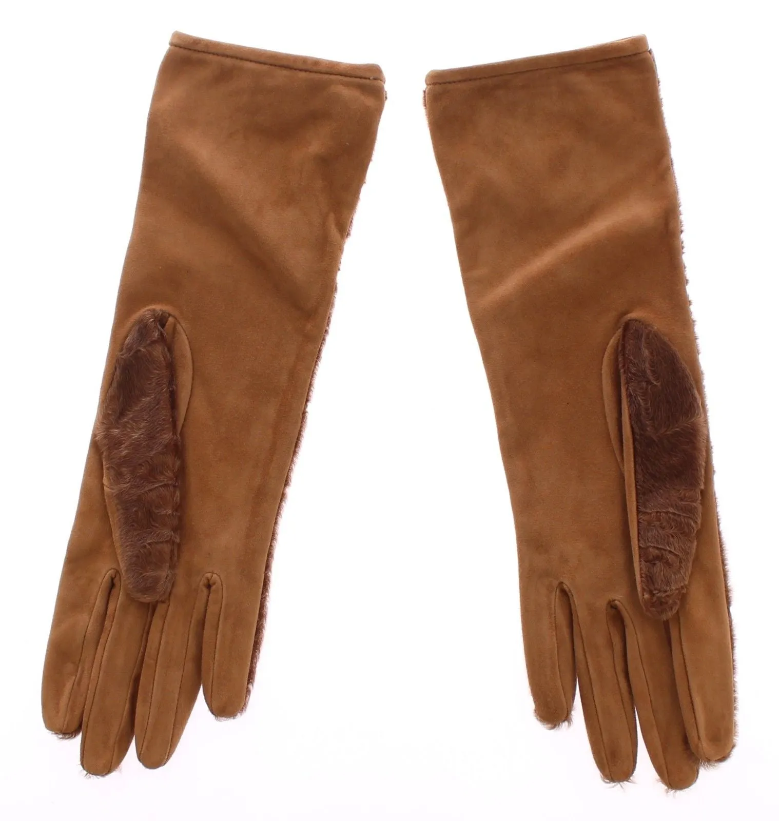 Beige Lambskin Fur Suede Wrist Gloves Silk