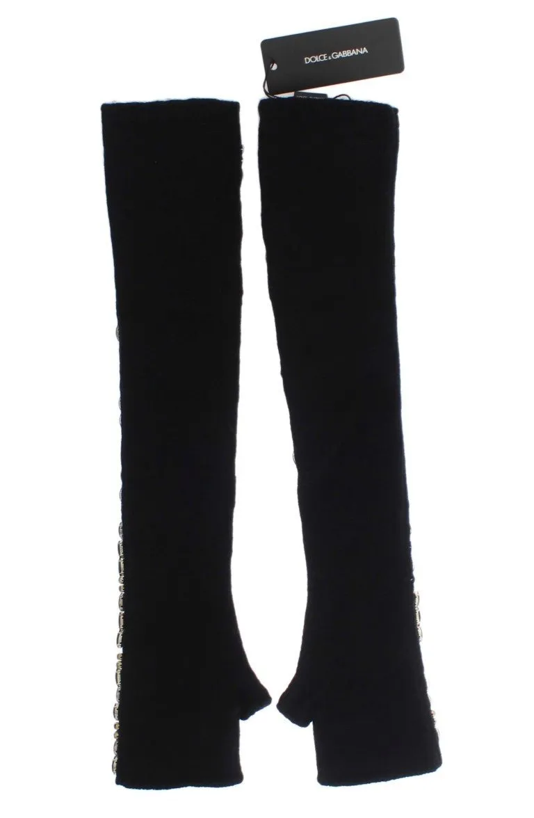 Black Cashmere Crystal Finger Less Gloves