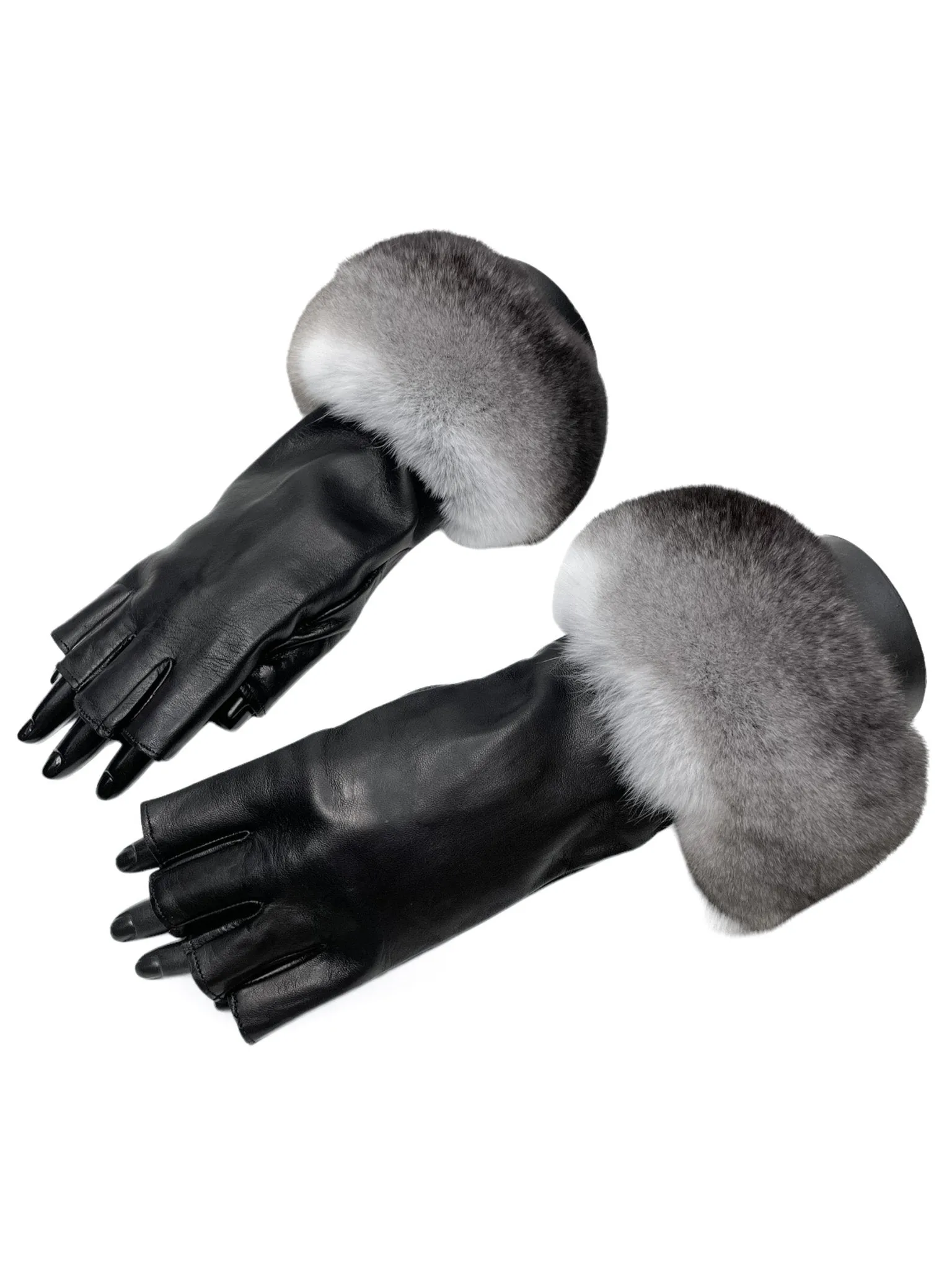 Black Fingerless Gloves With Chinchilla Fur Trim