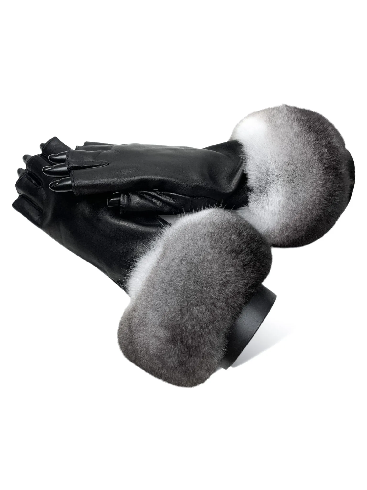 Black Fingerless Gloves With Chinchilla Fur Trim