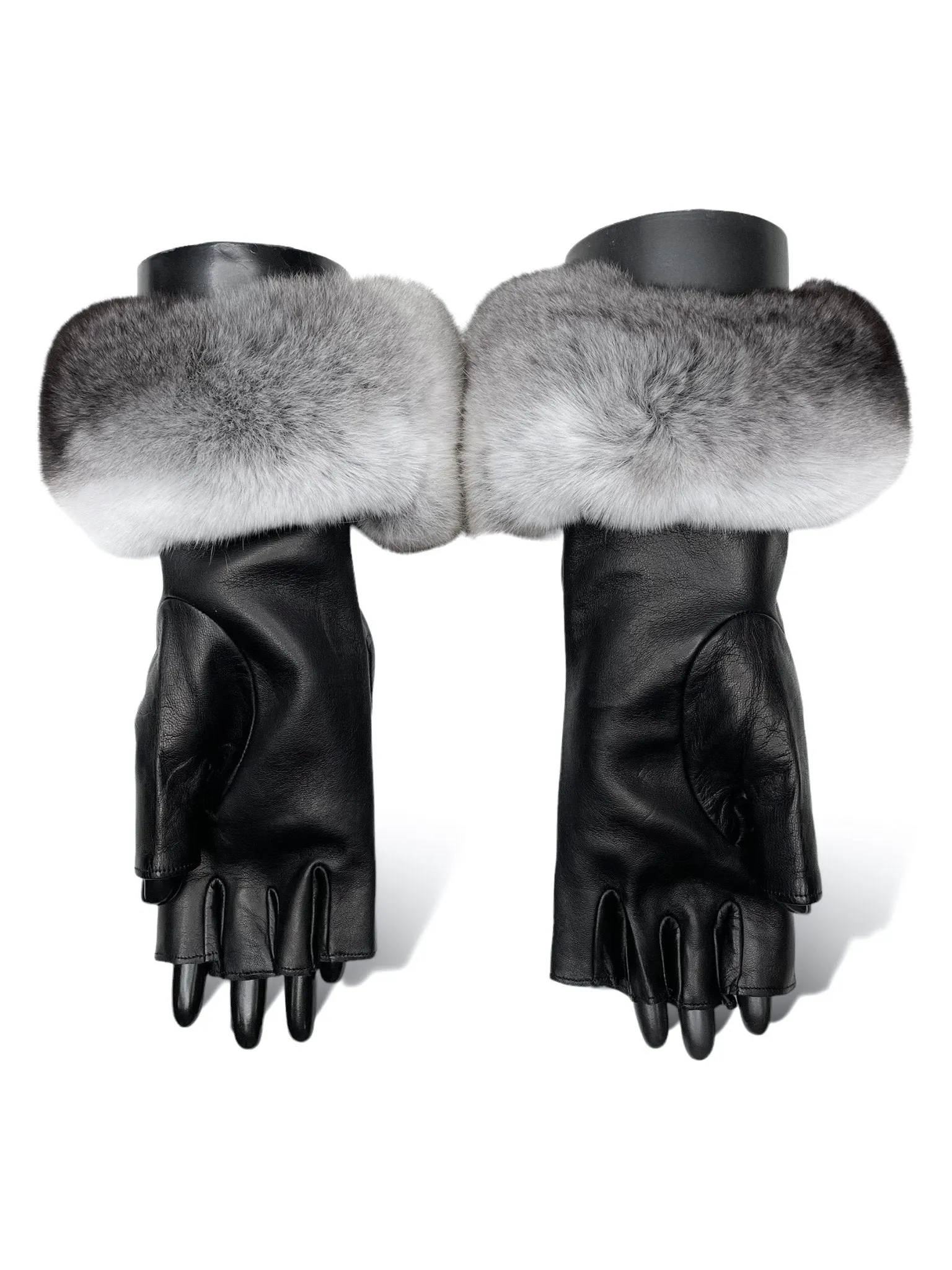 Black Fingerless Gloves With Chinchilla Fur Trim