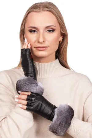 Black Fingerless Gloves With Chinchilla Fur Trim