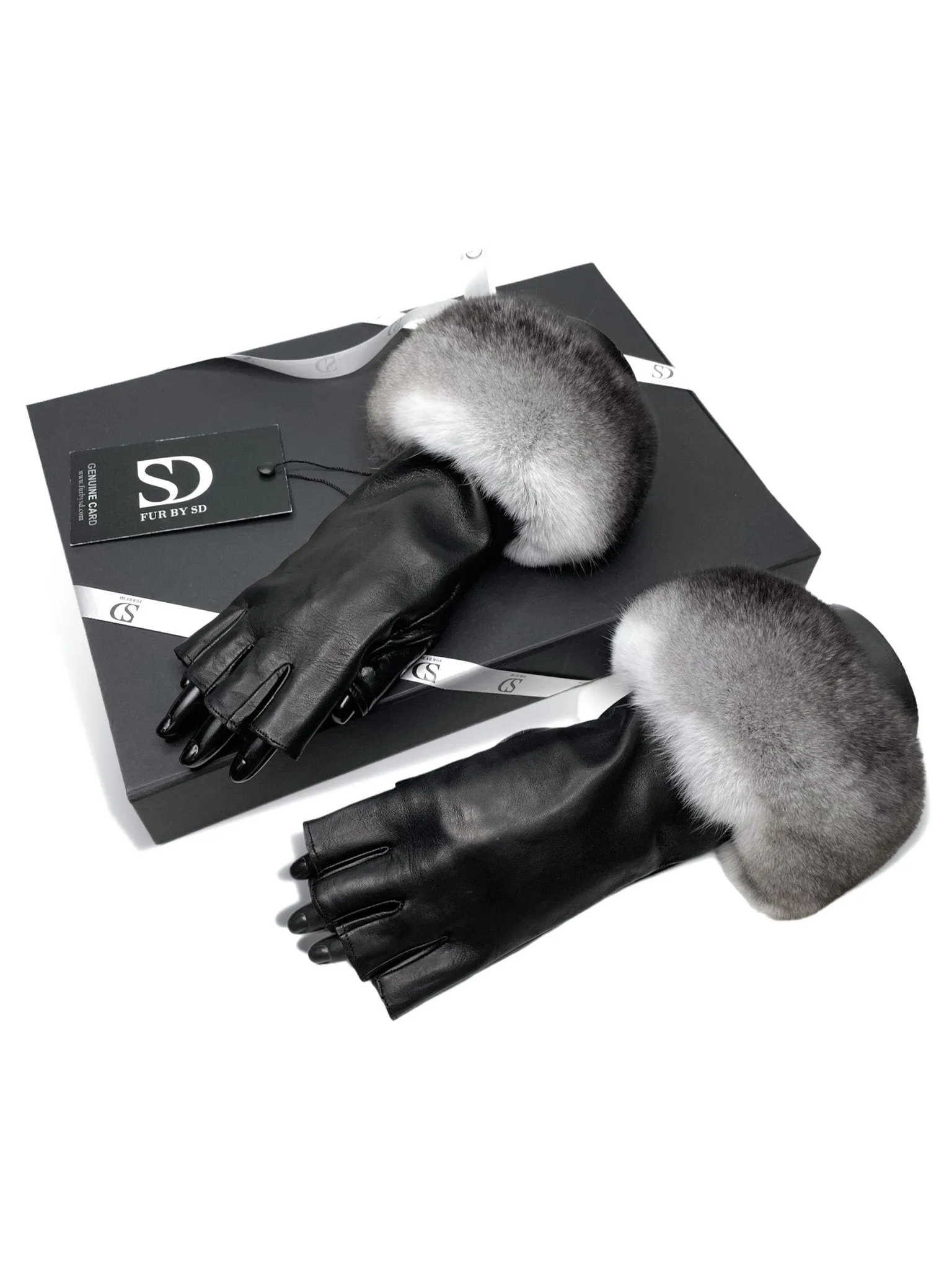 Black Fingerless Gloves With Chinchilla Fur Trim