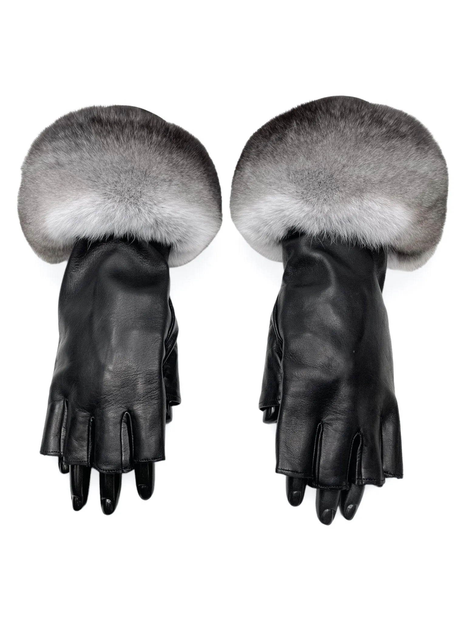 Black Fingerless Gloves With Chinchilla Fur Trim