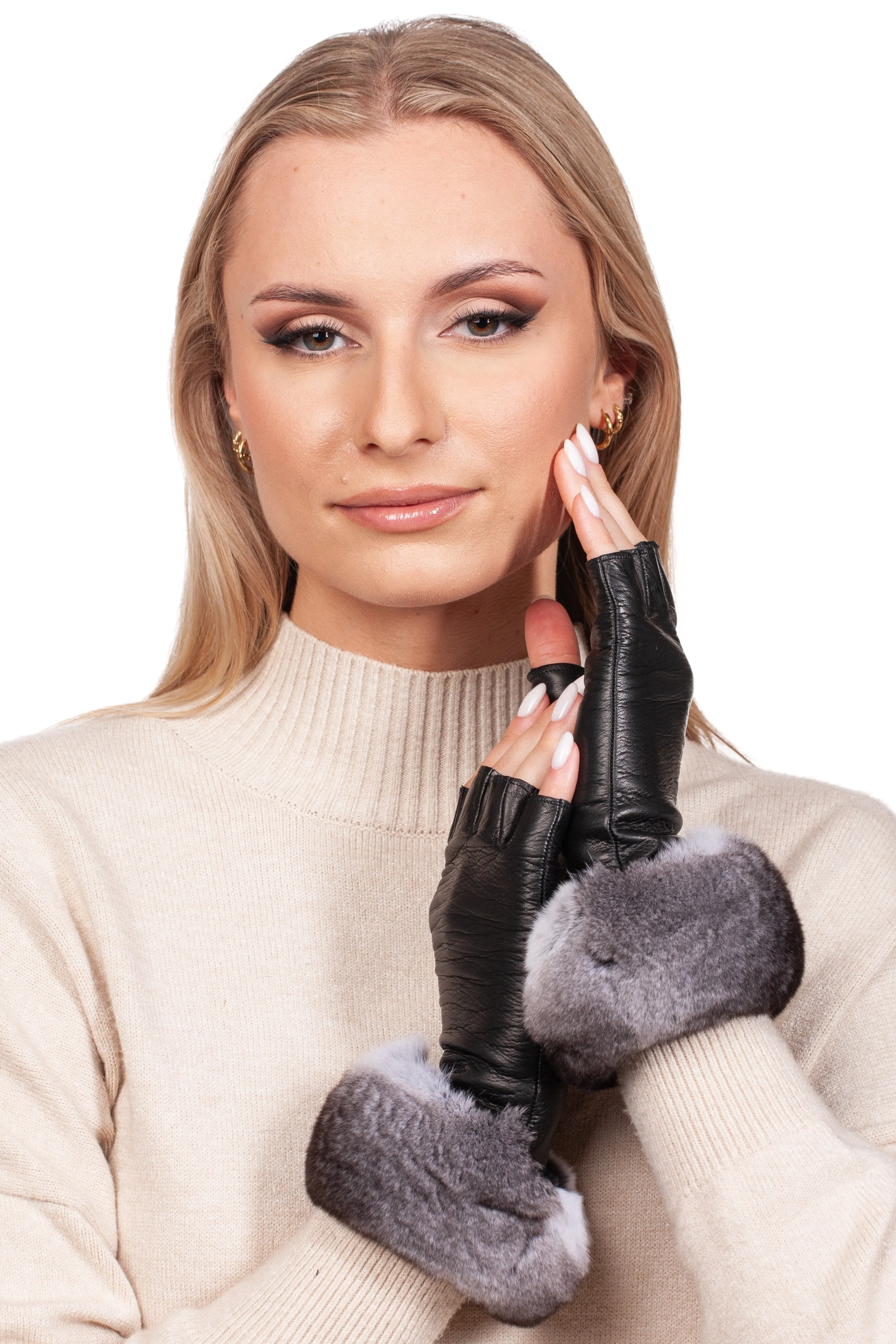Black Fingerless Gloves With Chinchilla Fur Trim