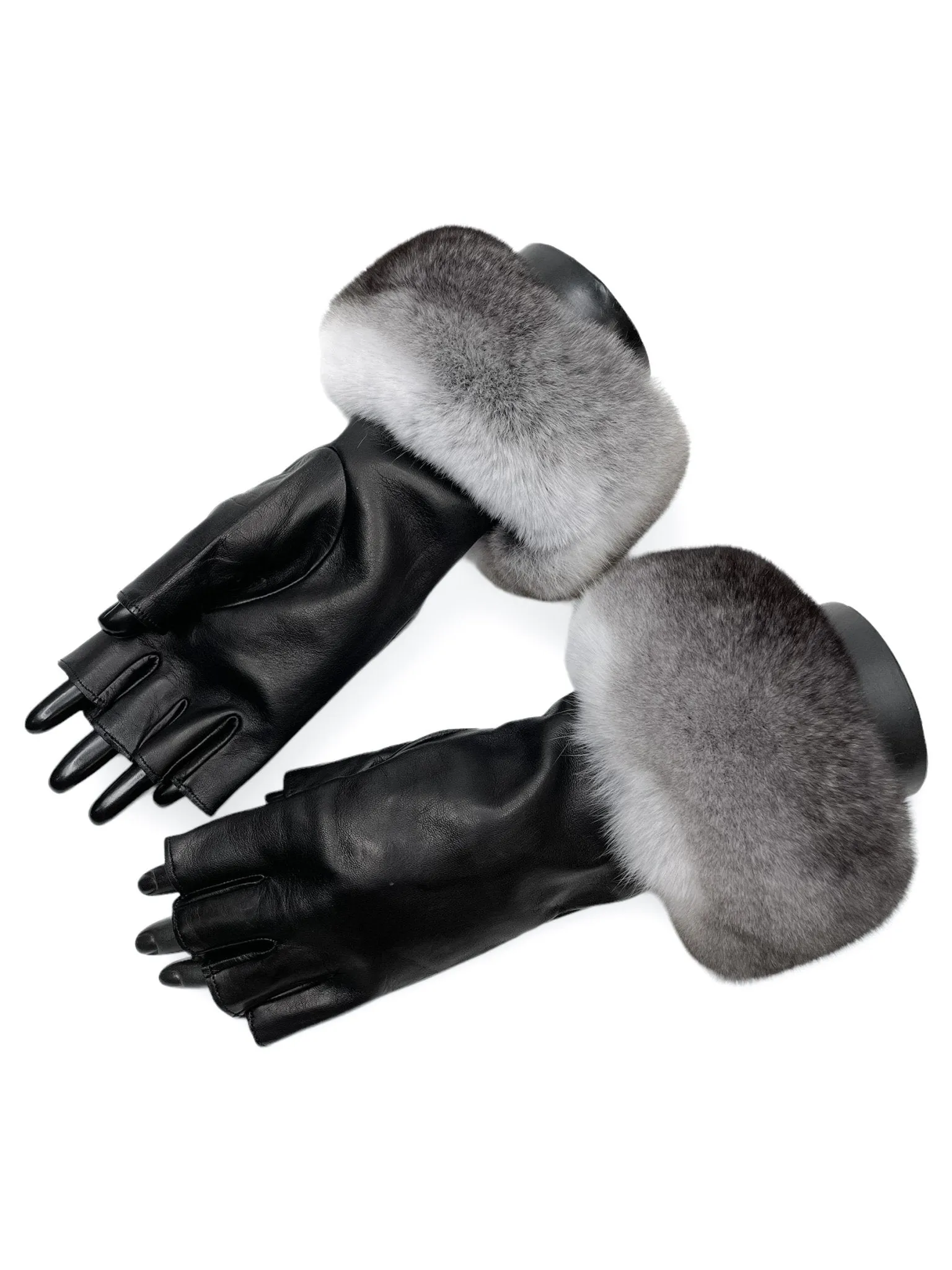 Black Fingerless Gloves With Chinchilla Fur Trim