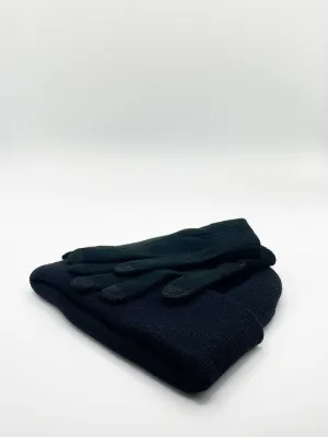 Black Knitted Beanie And Touchscreen Gloves Set