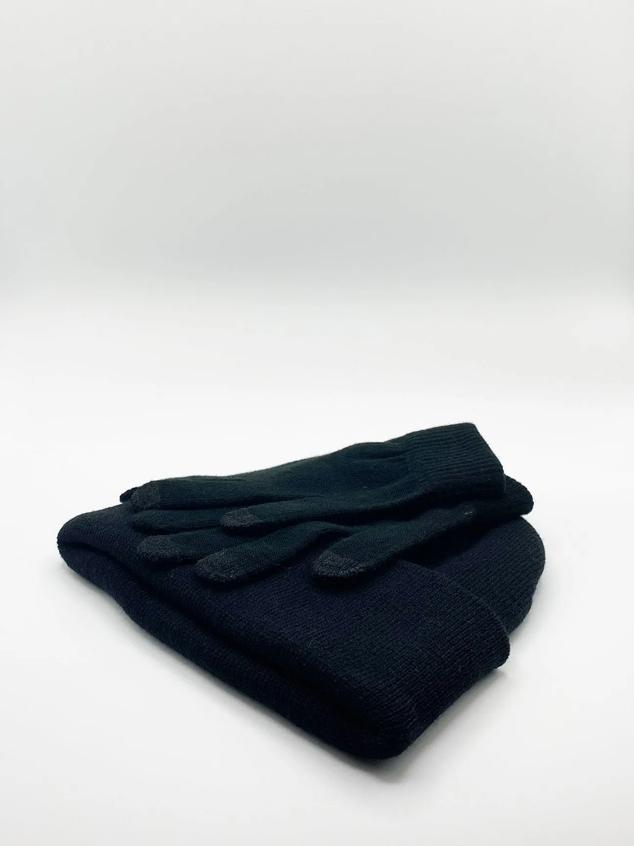Black Knitted Beanie And Touchscreen Gloves Set