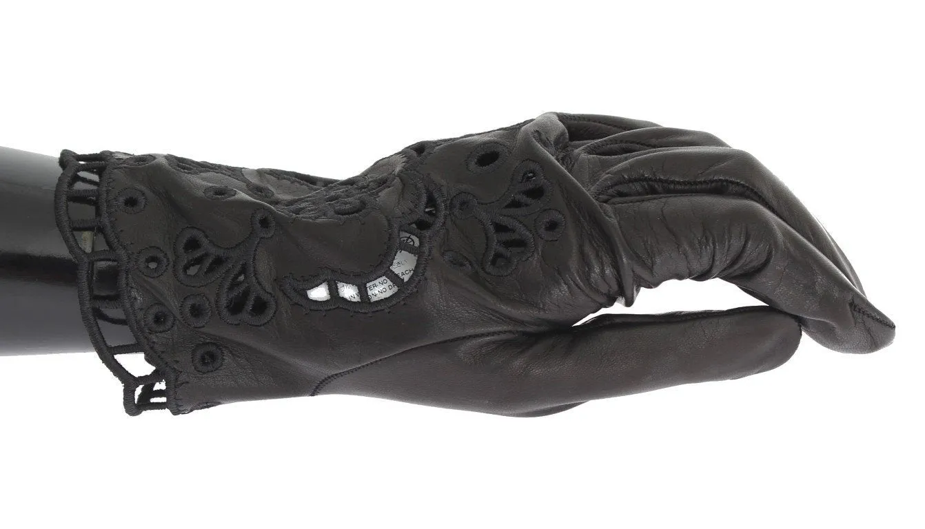 Black Leather Floral Cutout Gloves