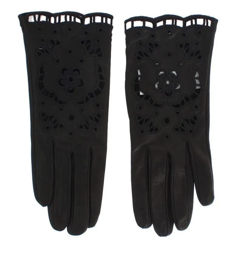 Black Leather Floral Cutout Gloves