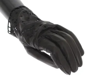 Black Leather Floral Cutout Gloves
