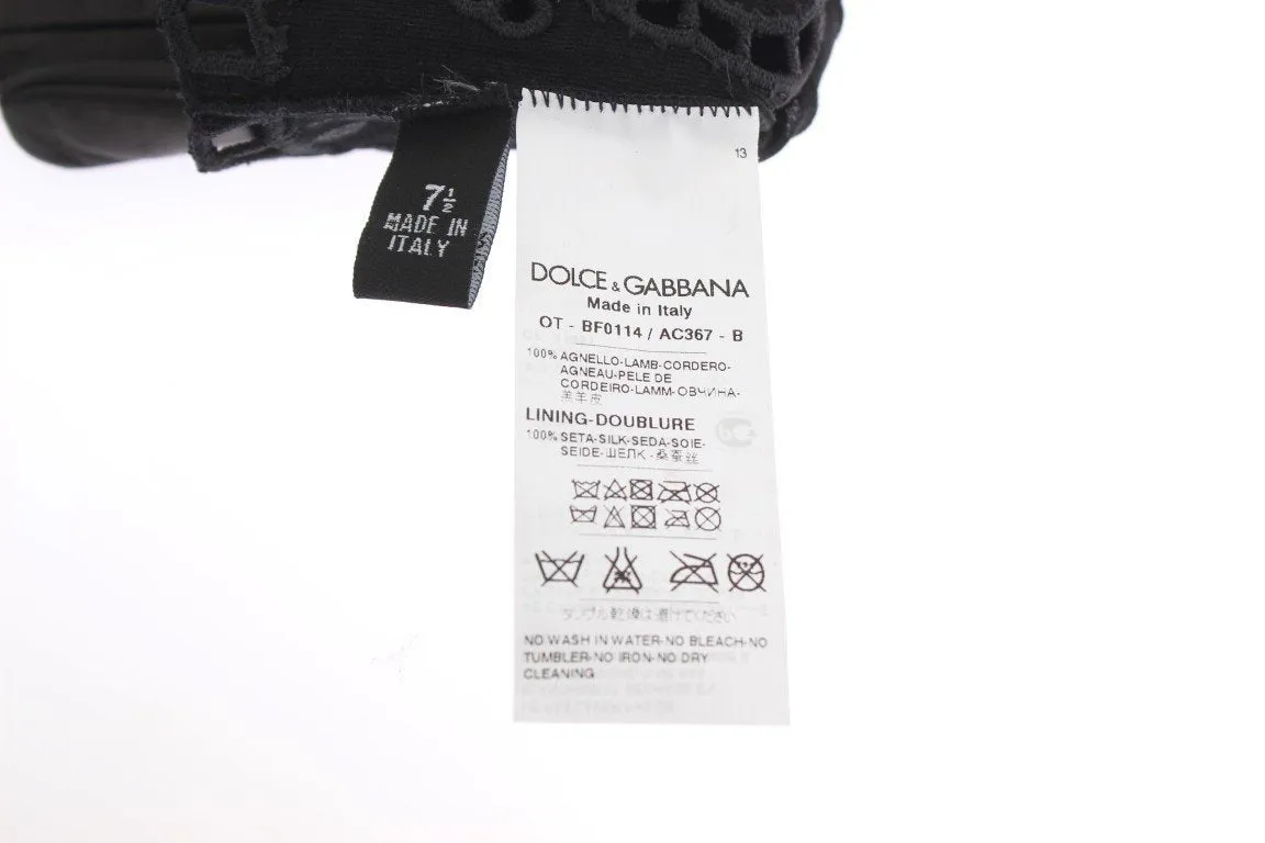 Black Leather Floral Cutout Gloves