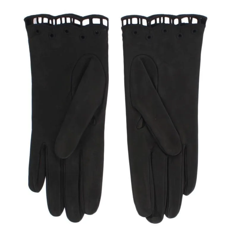 Black Leather Floral Cutout Gloves