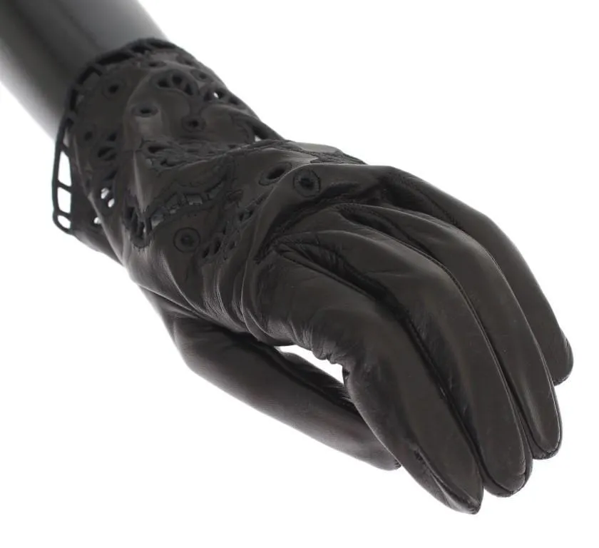 Black Leather Floral Cutout Gloves