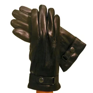 Black Leather Gloves for men with buttoned strap. Lined in Cashmere.
