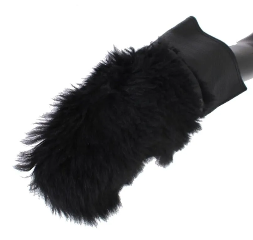 Black Leather Sheepskin Shearling Fur Gloves