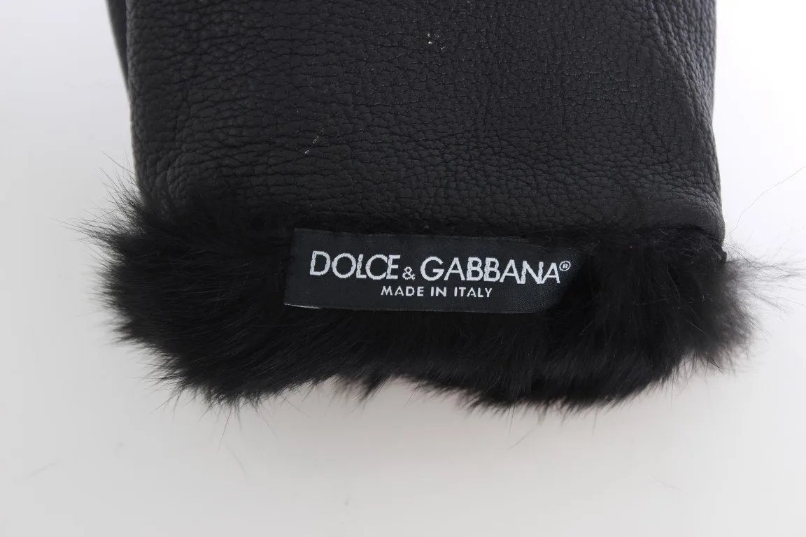 Black Leather Sheepskin Shearling Fur Gloves