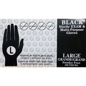 Black Nitrile Exam & Multi-Purpose Gloves - Powder Free - LARGE / 100 Count