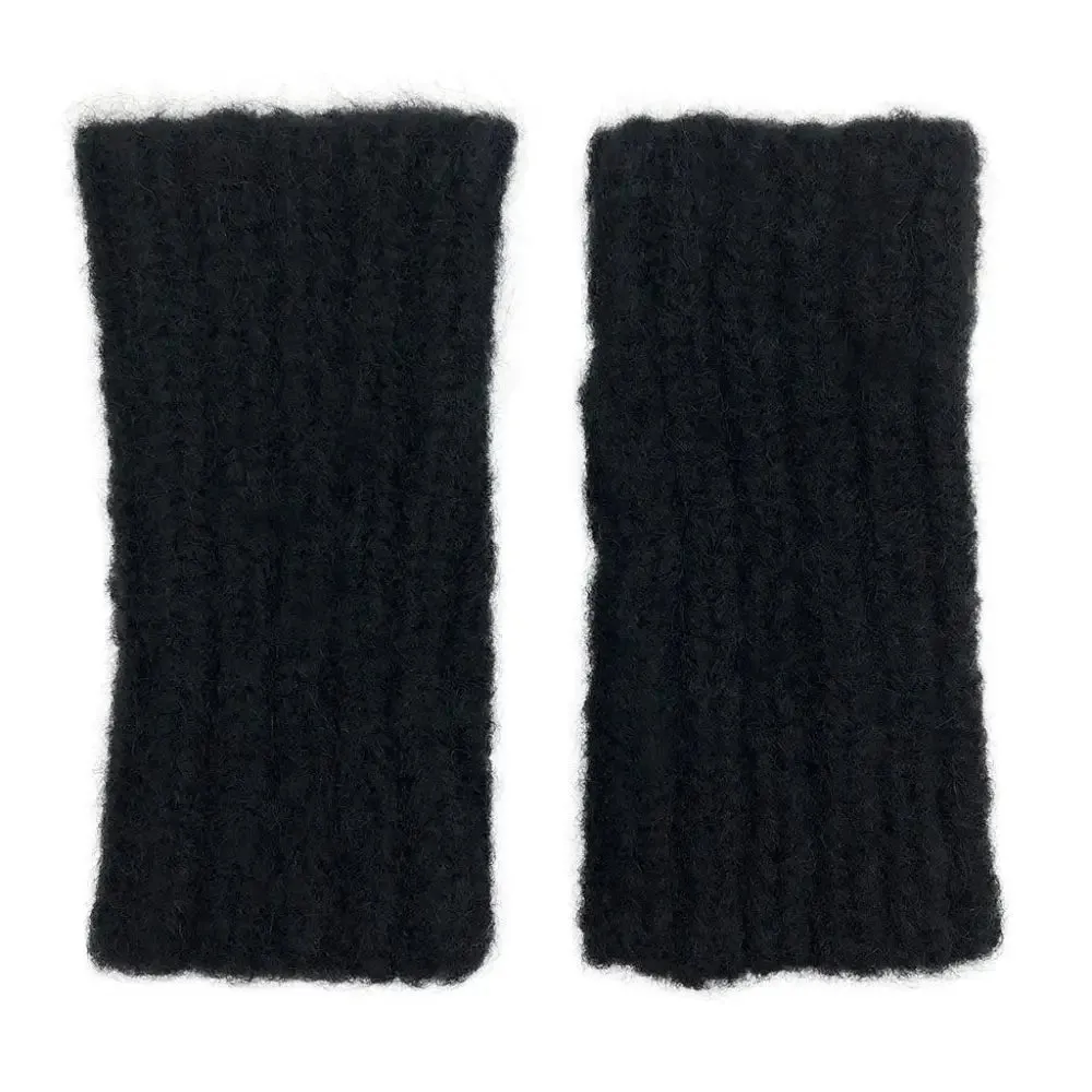 Black Ribbed Fingerless Alpaca Gloves for Stylish Warmth