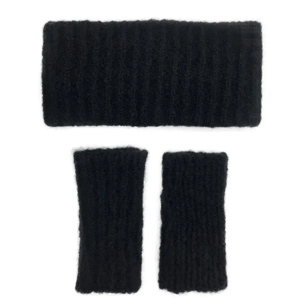 Black Ribbed Fingerless Alpaca Gloves for Stylish Warmth