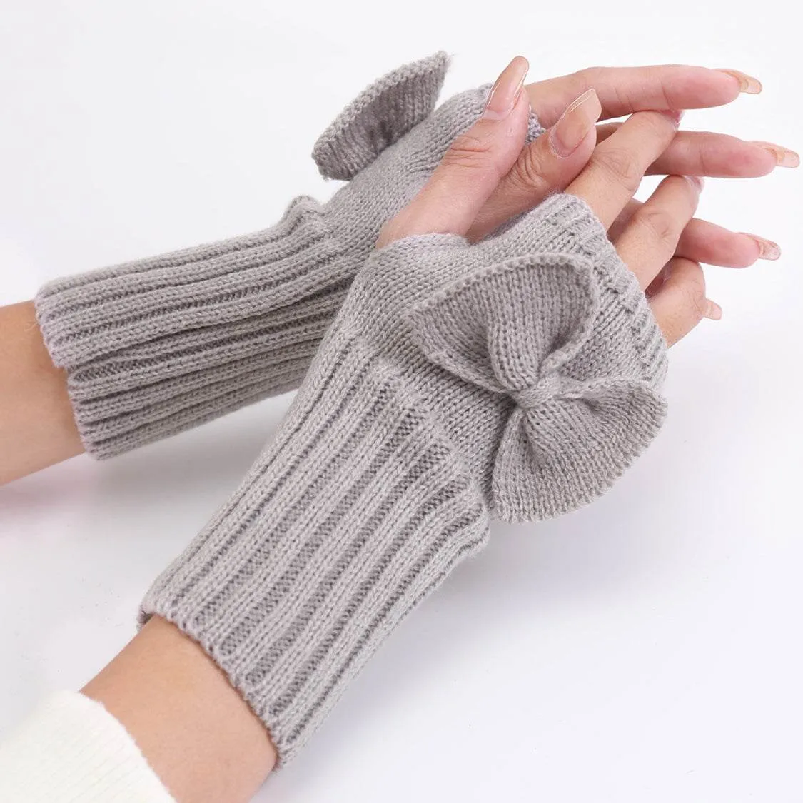 Bow Knitted Wool Keep Warm Half Finger Fingerless Gloves Success
