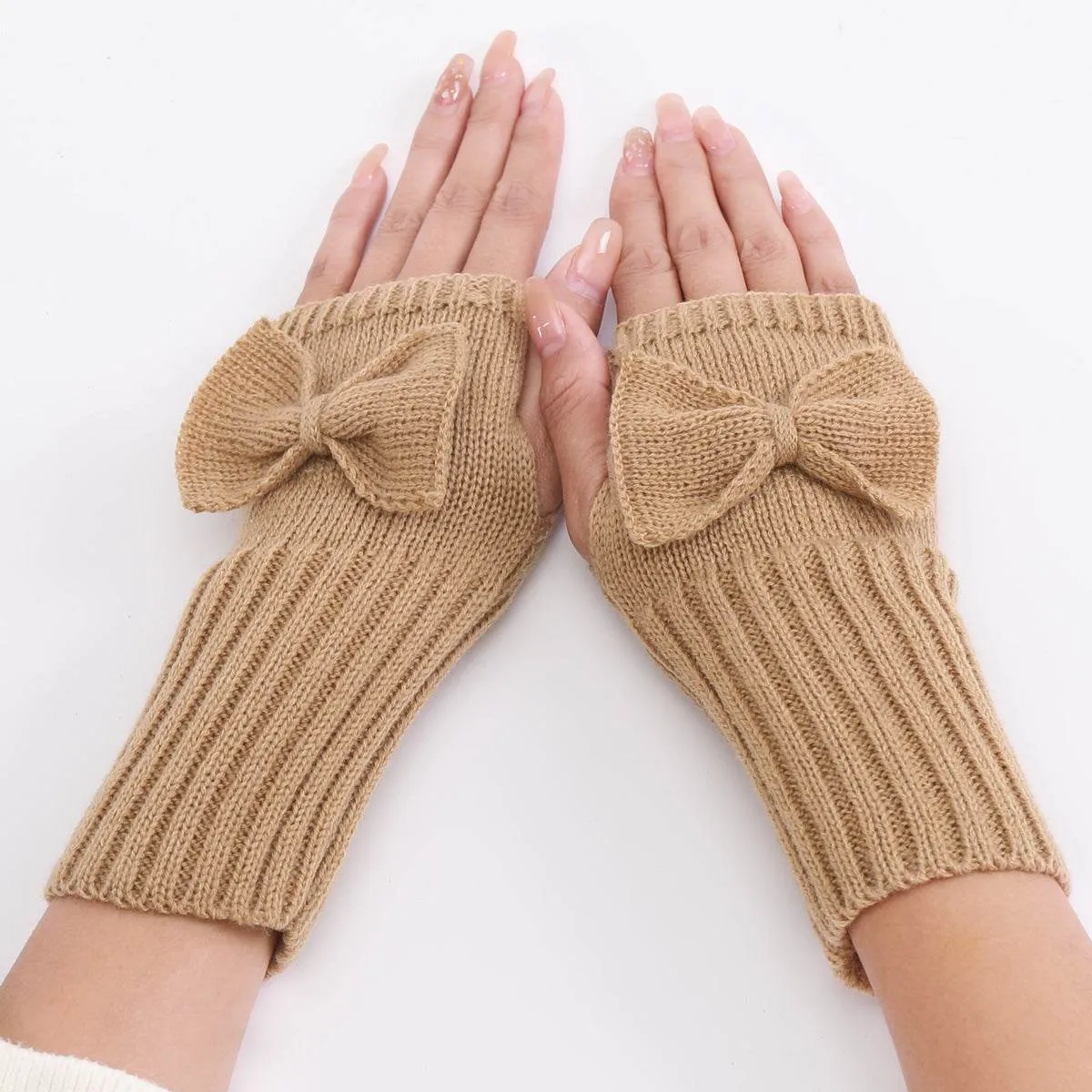Bow Knitted Wool Keep Warm Half Finger Fingerless Gloves Success