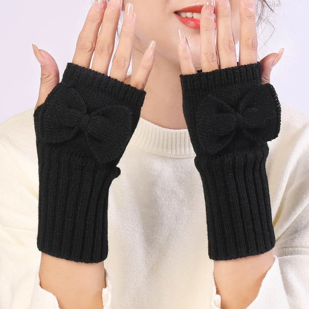 Bow Knitted Wool Keep Warm Half Finger Fingerless Gloves Success