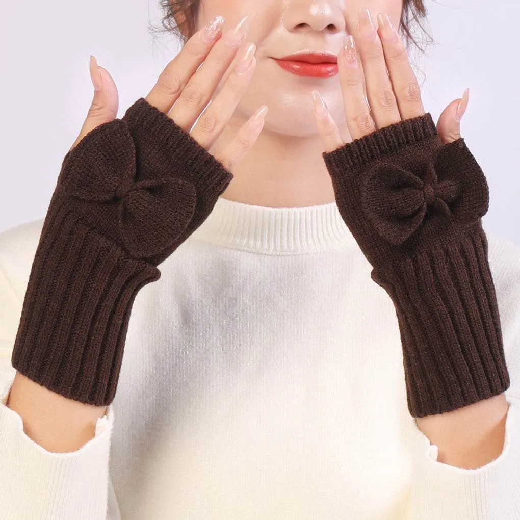 Bow Knitted Wool Keep Warm Half Finger Fingerless Gloves Success