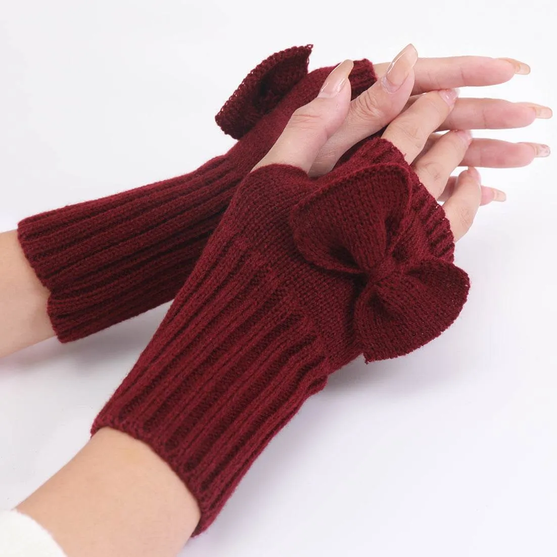 Bow Knitted Wool Keep Warm Half Finger Fingerless Gloves Success