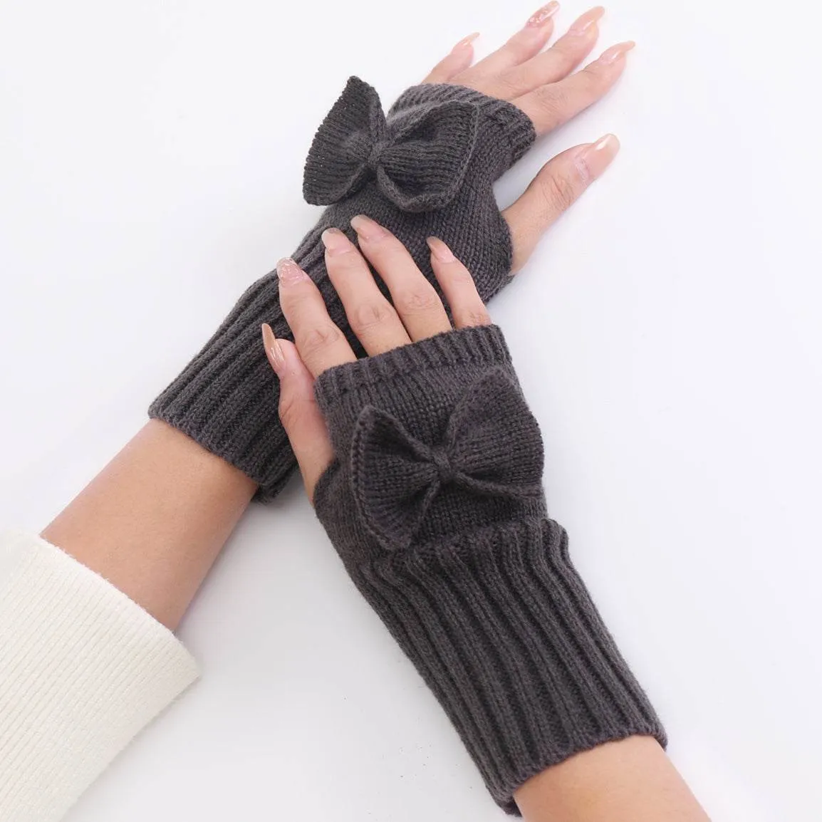 Bow Knitted Wool Keep Warm Half Finger Fingerless Gloves Success