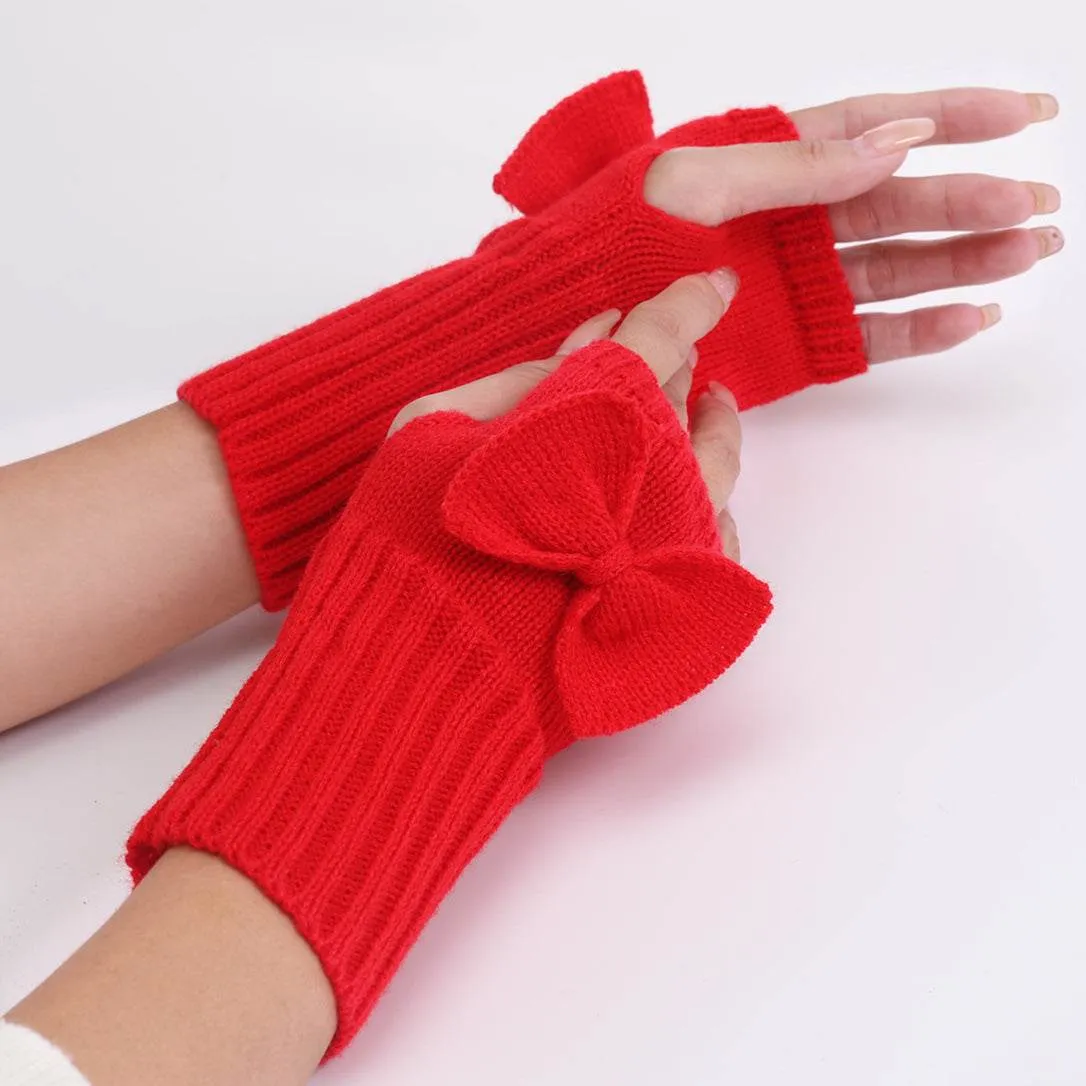 Bow Knitted Wool Keep Warm Half Finger Fingerless Gloves Success