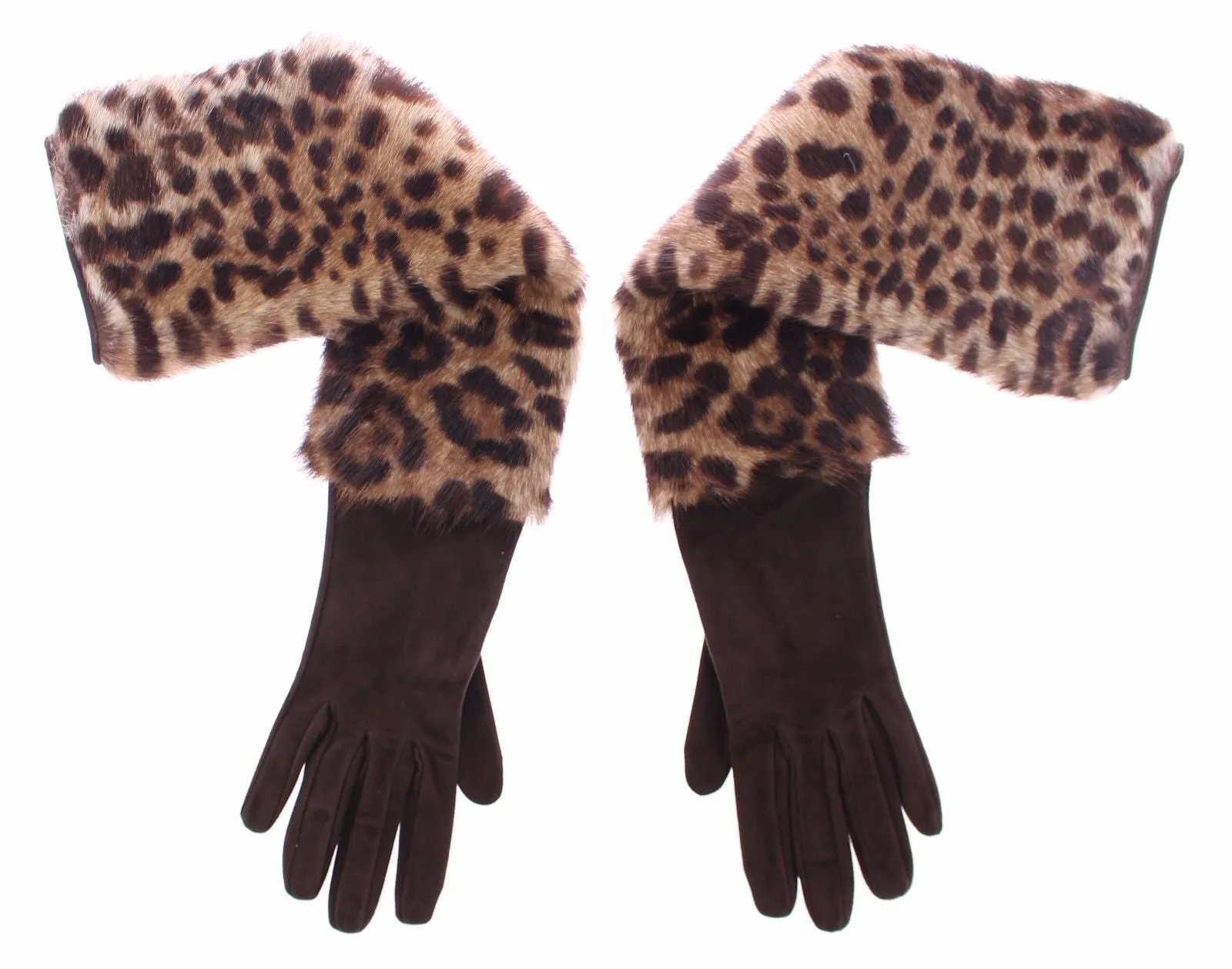 Brown Leather Leopard Raccoon Fur Elbow Gloves