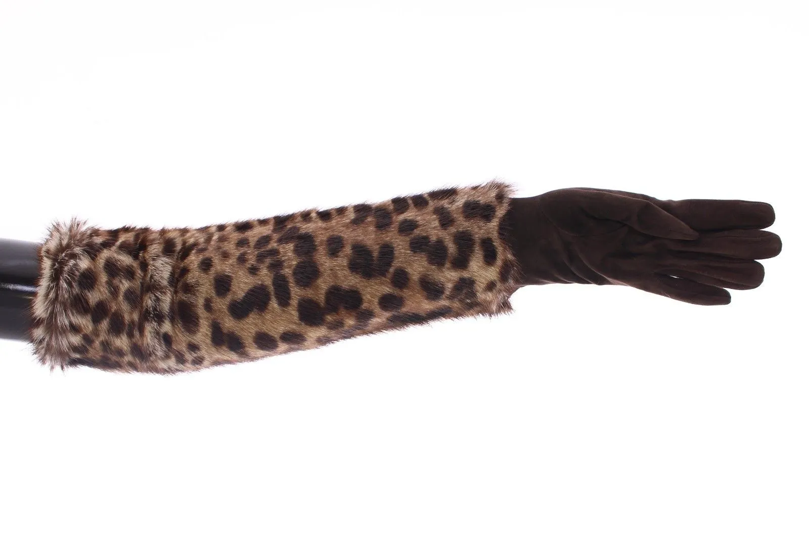 Brown Leather Leopard Raccoon Fur Elbow Gloves