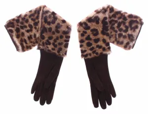 Brown Leather Leopard Raccoon Fur Elbow Gloves