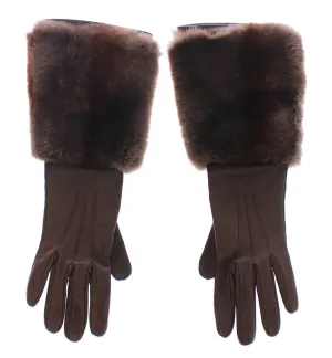 Brown Rabbit Fur Lambskin Leather Gloves Silk