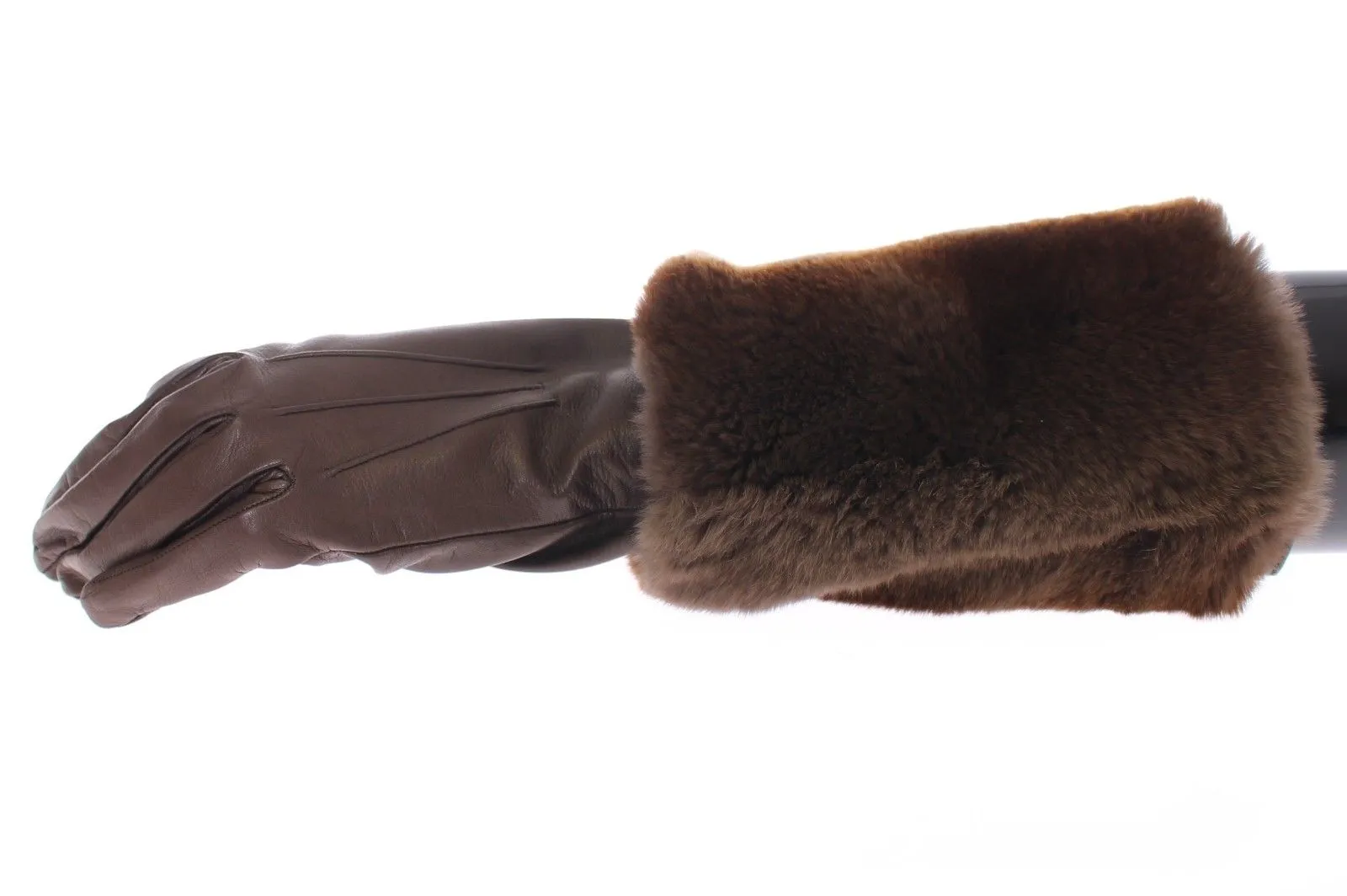 Brown Rabbit Fur Lambskin Leather Gloves Silk