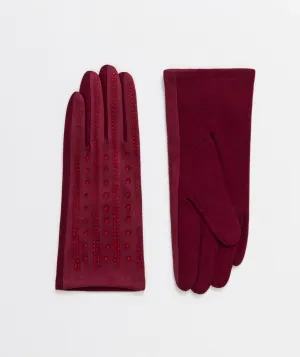 Burgundy Faux Suede Glove with Decorative Sparkle Beads