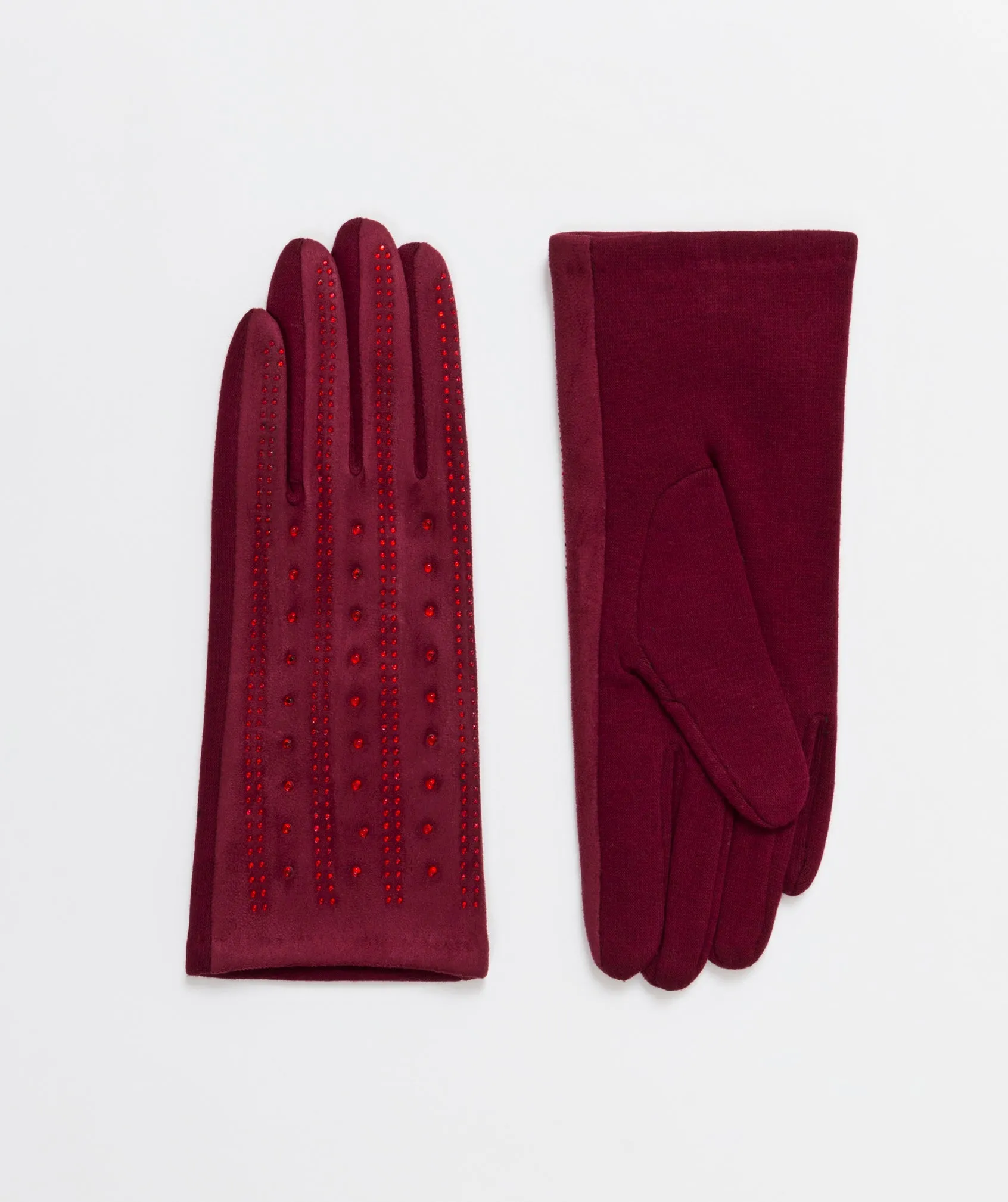 Burgundy Faux Suede Glove with Decorative Sparkle Beads
