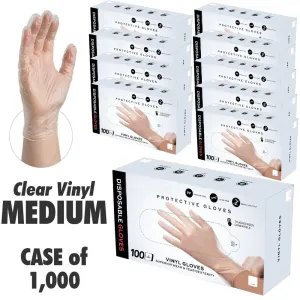 Clear Vinyl Disposable Gloves - MEDIUM / Clear Color / 100 per Box / Case of 10 Boxes = 1,000 Gloves