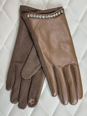 Diamante Trim Faux Leather Gloves  (2 Colours)